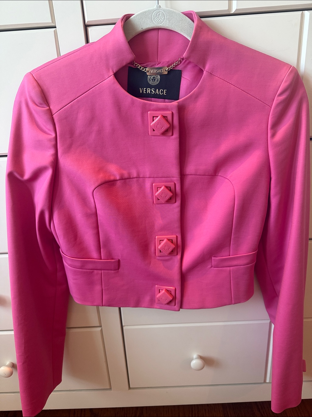 Versace Hot Pink Cropped Square-Button Jacket